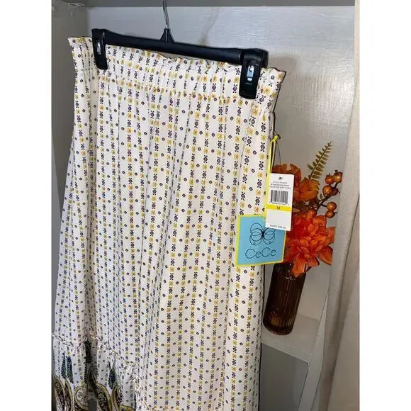 NWT CeCe Medium Lined Elastic Waist Ruffle Like Bottom Boho White Paisley Skirt - Picture 2 of 12